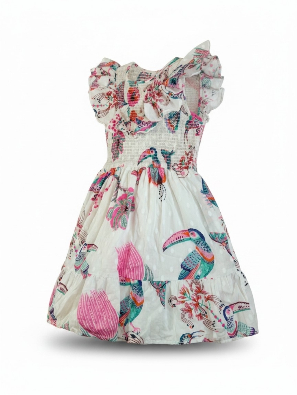 Banjanan Toucan Print Mini Ruffle Sleeve Ilona Bird Dress Cotton Boho Resort S - Picture 3 of 13